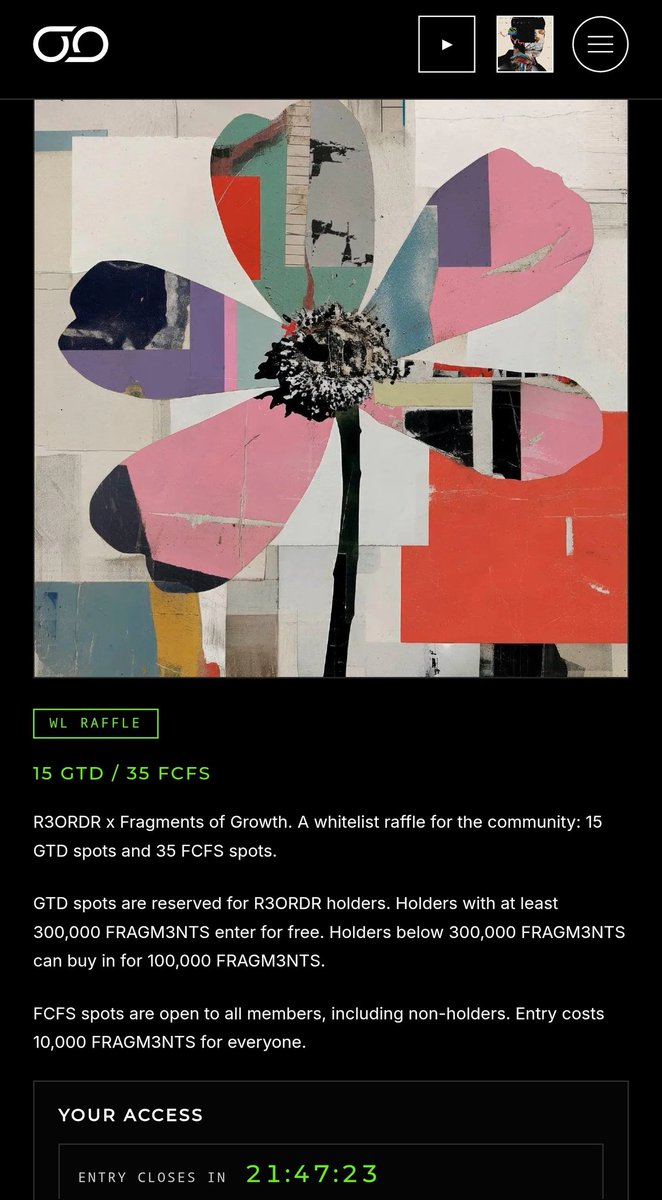 Everdonnew's tweet photo. 🌸 The first R3ORDR collaboration is officially live.

@R3ORDR × @Frag_Growth is now open on the R3ORDR platform.

🎟️ 15 GTD whitelist spots + 35 FCFS spots are up for grabs.

Holders with 300,000+ FRAGM3NTS enter the GTD raffle for free, while everyone can compete for the FCFS spots with a price of 100,000 FRAGM3NTS.

The artwork, Fragments of Growth, captures the idea that every fragment, contribution, and interaction becomes part of something bigger, growth through community.

Don't miss your chance. 🌱
R3ORDR 3V3RYTHING. 🖤