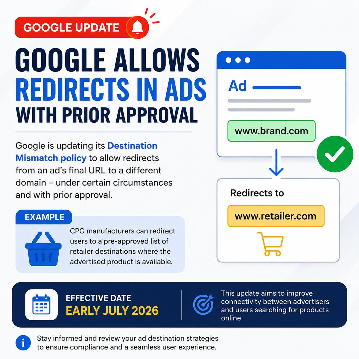 yogendrarkl's tweet photo. 🚨 Google Ads Update!
Google now allows redirects from an ad's final URL to a different domain—but only with prior approval under specific conditions. Effective early July 2026. Stay compliant and review your ad destinations.
#GoogleAds #PPC #DigitalMarketing #GoogleUpdate https://t.co/Q00Z35VxrK