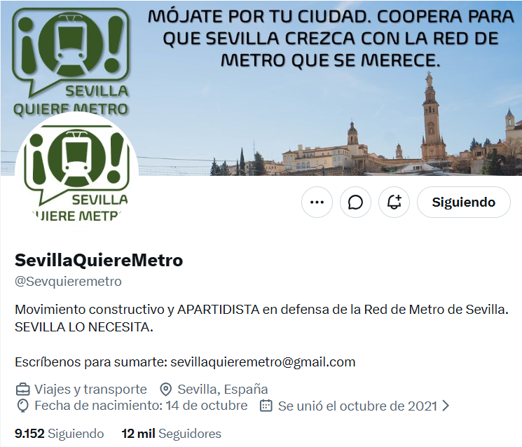 SVQ_Se_Levanta's tweet photo. Sevilla Se Levanta apoya y defiende la gran labor de Sevilla Quiere Metro

Desde @SVQ_Se_Levanta agradecemos el gran trabajo de @Sevquieremetro por su labor para exigir la construcción de una red de metro completa, por la presión institucional internacional obligando a las administraciones locales y estatales a rendir cuentas, por ayudar a la participación ciudadana facilitando la redacción de alegaciones técnicas a vecinos para el trazado de la Línea 3, por su sustento académico al trabajar con la Escuela Técnica Superior de Ingeniería de Sevilla para elaborar informes y trabajos que demuestran la viabilidad técnica y social de la ampliación y por la constante información que ofrecen a la ciudadanía.

Por todo ello, @SVQ_Se_Levanta apoyará y prestará la ayuda necesaria a @Sevquieremetro para exigir un aumento considerable de inversiones en infraestructuras para nuestra ciudad, el entorno metropolitano y la provincia.

Recordar a los vecinos y residentes en Sevilla (los sufridores de no tener un metro integral y de la falta de infraestructuras que nos permitan una movilidad eficaz en el transporte público y privado) que los dos partidos -PP y PSOE, dirigidos desde sus ejecutivas estatales y autonómicas- que se alternan el poder en el @Ayto_Sevilla y @AndaluciaJunta, SON LOS ÚNICOS RESPONSABLES de esta negligente e ineficaz gestión.

¡Sevilla, lo primero!