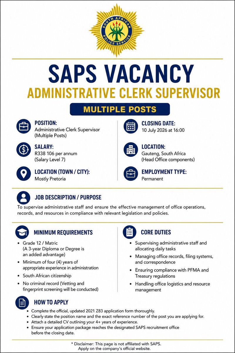 CarolBoitumelo1's tweet photo. SAPS IS HIRING

📌 Administrative Clerk Supervisor x18 posts 

South African Police Service
 
Yearly Salary: R338,106

Basic Requirements:
Grade 12 
Must be a South African citizen
Must have no previous criminal 

Closing Date: 10 July 2026

Apply using the official Z83 form
Email and hand-delivery accepted.

See details: https://t.co/Mf0dEeK98K

Good luck! ❤️

#SAPS #police #PoliceJobs #southafrican #AdminPost #AdminJobs #AdminClerk