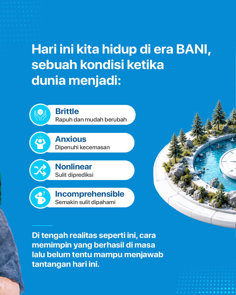 partaigeloraid's tweet photo. Perubahan tidak pernah menunggu kita siap.

Maka kepemimpinan bukan hanya tentang memimpin orang lain, tetapi tentang terus memperbarui cara berpikir agar tetap relevan dengan zaman.

Di era BANI, berevolusi bukan lagi pilihan. Ia adalah kebutuhan. https://t.co/T0EBH0AHaE