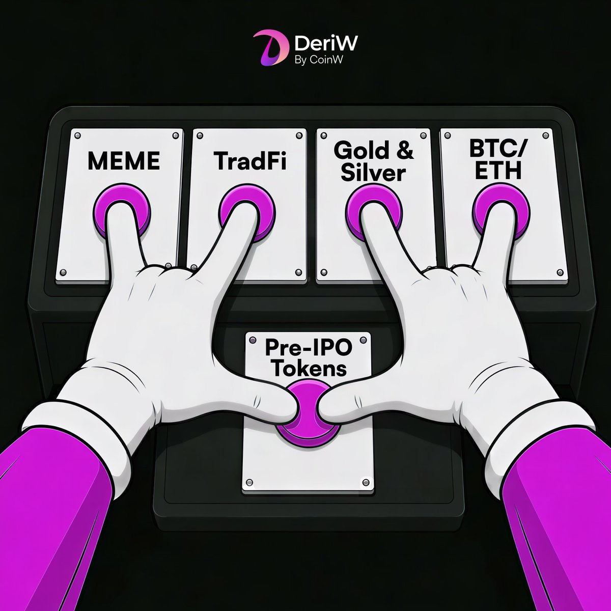 DeriWOfficial's tweet photo. One platform. More markets. More ways to trade.

From MEME and BTC/ETH to TradFi, Gold &amp; Silver, and Pre-IPO Tokens — DeriW puts diverse opportunities at your fingertips.

Choose your market. Press play. Trade without limits.

#DeriW #CryptoTrading #DeFi #Perps #BTC #ETH https://t.co/qnITqr7Zrx