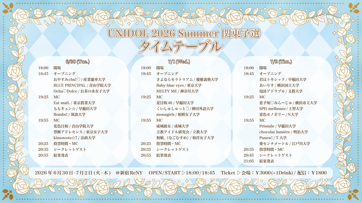 kato56513's tweet photo. 2026.07.01
18：45～
UNIDOL 2026 Summer supported by 17LIVE 関東予選　2日目
新宿ReNY

第1位🥇夏目坂46 / 早稲田大学
第2位🥈成城彼女 / 成城大学
第3位🥉立教アイドル研究会 / 立教大学

・シークレットゲスト　→　AsIs

#UNIDOL
#UNIDOL関東 
#ユニドル26夏 https://t.co/coXNhDsK12