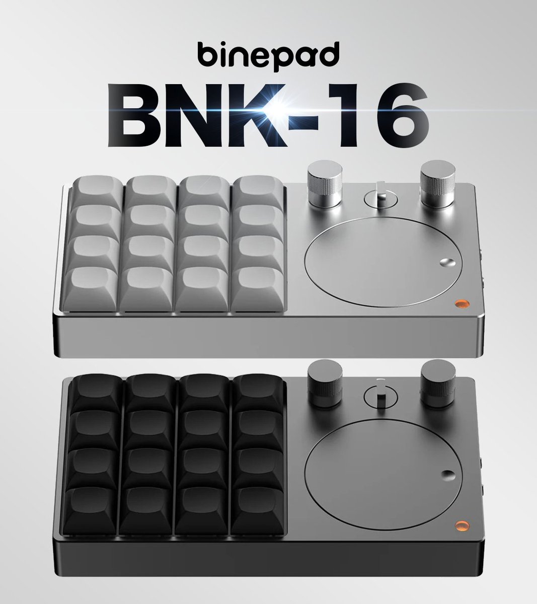 fumoshop's tweet photo. ＼🚨再入荷🚨／
『Binepad BNK-16』
https://t.co/91s2bwnp2F
--
ブラック・シルバーの2色とも在庫復活🔥
--
⚙️ハプティックフィードバックノブ搭載！
　回転時の触覚を自由に切り替え可能⭕️
⚙️最大4レイヤー切替対応！
　レイヤー状態はLEDカラーで一目で分かる✨
⚙️クリック感のある2つの小型エンコーダーノブ搭載！
⚙️Kailhホットスワップ対応の16キーを搭載！

ゲーム用マクロやテンキー、作業用ショートカットなど、
用途に合わせて自由にカスタマイズできる便利なマクロパッドです💡