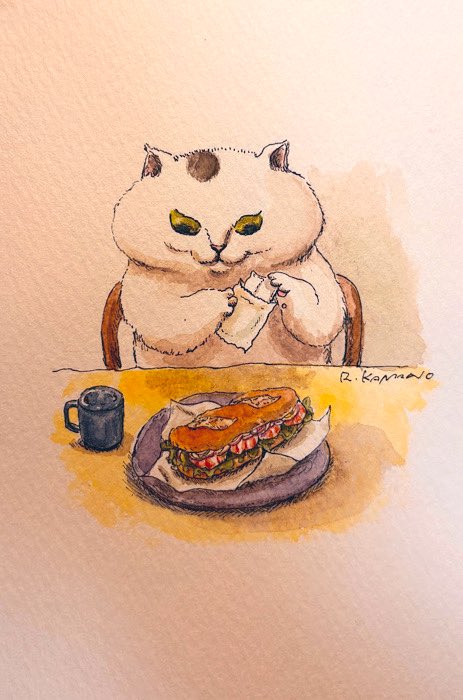 「いつもたべている猫 「エビのサンドイッチ」」|カマノレイコのイラスト