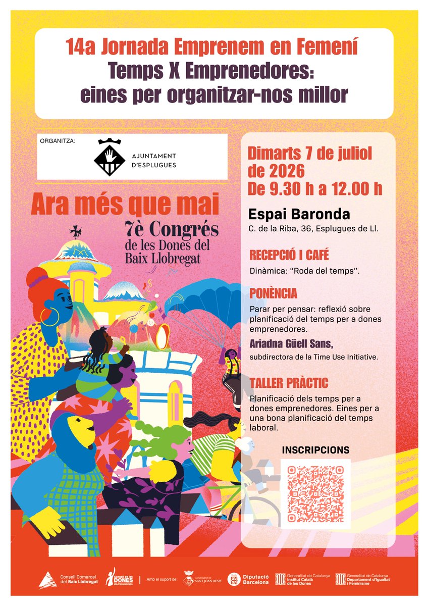 ajesplugues's tweet photo. 👩🏽‍💻Ets emprenedora i creus que et falta temps per arribar a tot? 

🟣Vine a la jornada 'Temps x Emprenedores: eines per organitzar-nos millor'. 

🗓️Dimarts 7 de juliol
🕤De 9.30 a 12 h
📍Espai Baronda
 
Parlarem de conciliació, usos del temps i la planificació per a una organització més eficient.

✍️Inscriu-t'hi: https://t.co/q18jkfeV2Y