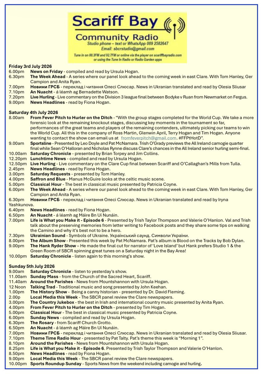 BishopFintan's tweet photo. Weekend schedule @scariffbayradio @KillaloeDiocese https://t.co/iB5DovWf1E