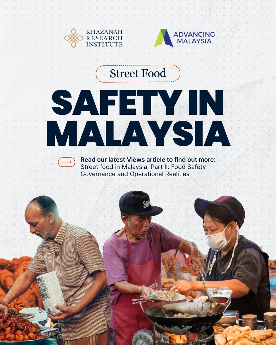 KRInstitute's tweet photo. Malaysia's street food is an integral part of our food culture and daily life. Keeping it safe requires more than food safety regulations alone.

Our researchers, Nik Syafiah Anis and Teoh Ai Ni, highlight that while Malaysia has a comprehensive food safety framework, implementation remains constrained by infrastructural limitations, operational realities, and uneven enforcement. Many hawkers work in environments where access to clean water, proper waste disposal, refrigeration, and handwashing facilities is limited, making compliance more challenging.

Strengthening food safety means pairing effective regulations with practical support for hawkers, helping to protect public health while preserving the accessibility, affordability, and vibrancy of Malaysia's street food scene.

Read the full article via our website here: https://t.co/zoZBfapZct

#KhazanahResearchInstitute #KRI #AdvancingMalaysia #StreetFood #FoodSafety