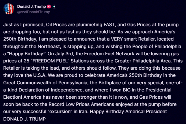 Mertens991's tweet photo. BREAKING: President Trump says Freedom Fuel Network is lowering gas prices at 25 gas stations in the northeast US on July 3rd and "others should follow." https://t.co/NPcWrgTFvE