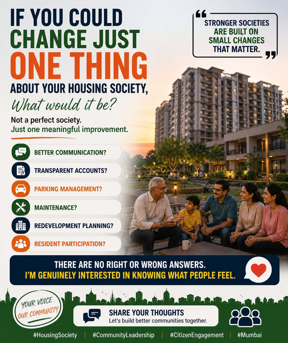 InfraGenesis's tweet photo. One question.
If you became Chairman of your housing society tomorrow...
What is the first thing you would change?
I'm curious to know what residents feel is the biggest challenge today.
Let's discuss.👇
#HousingSociety #Mumbai #Redevelopment #CitizenVoices #CommunityLeadership https://t.co/dURFT9pNKn