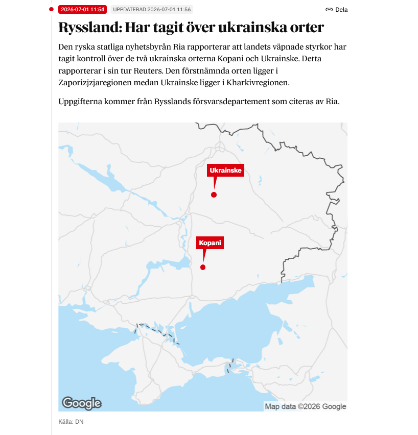 FriaUkraina's tweet photo. Ibland tänker man att rapportering här är överflödig eftersom svenska medier numera har en ganska bred och bra bevakning av kriget. Men så råkar man se t.ex. DN:s "nyhet" där de påstår att Ukrainske, 100 km bakom frontlinjen ska ha tagits av ryska trupper. Den luftlandsättningen hade varit värt en del rubriker om det hade stämt. DN landar dock fel eftersom de tar rysslands försvarsministerium som en seriös källa 2026 trots att de gång på gång gått ut med felaktigheter och så hittar de inte rätt ort på kartan heller. /