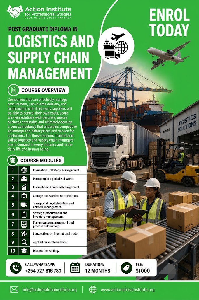 ActionAfr's tweet photo. Advance your career with our Post Graduate Diploma in Logistics &amp; Supply Chain Management and gain practical skills in procurement, logistics, inventory &amp; global trade.

📅 12 Months | 💰 $1000

📞 +254 727 616 783
📧 info@actionafricainstitute.org
🌐 https://t.co/JWMTGz912t https://t.co/XThAGYPlGr