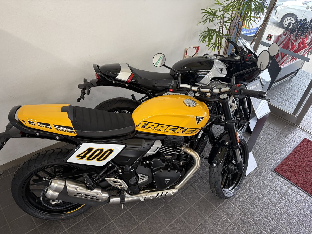 kamoids5388's tweet photo. 1Fロビーのバイク展示、THRUXTON400とTRACkER400です！どっちも普通二輪免許で乗れる!!それにお手頃価格!!今ならETCもつけてもらえます☝️ぜひトライアンフ相模原へ⊂('ω'⊂ )))Σ≡GO!! #トライアンフ相模原  #THRUXTON #TRACkER  #ETCプレゼント https://t.co/MfDy22oTUW