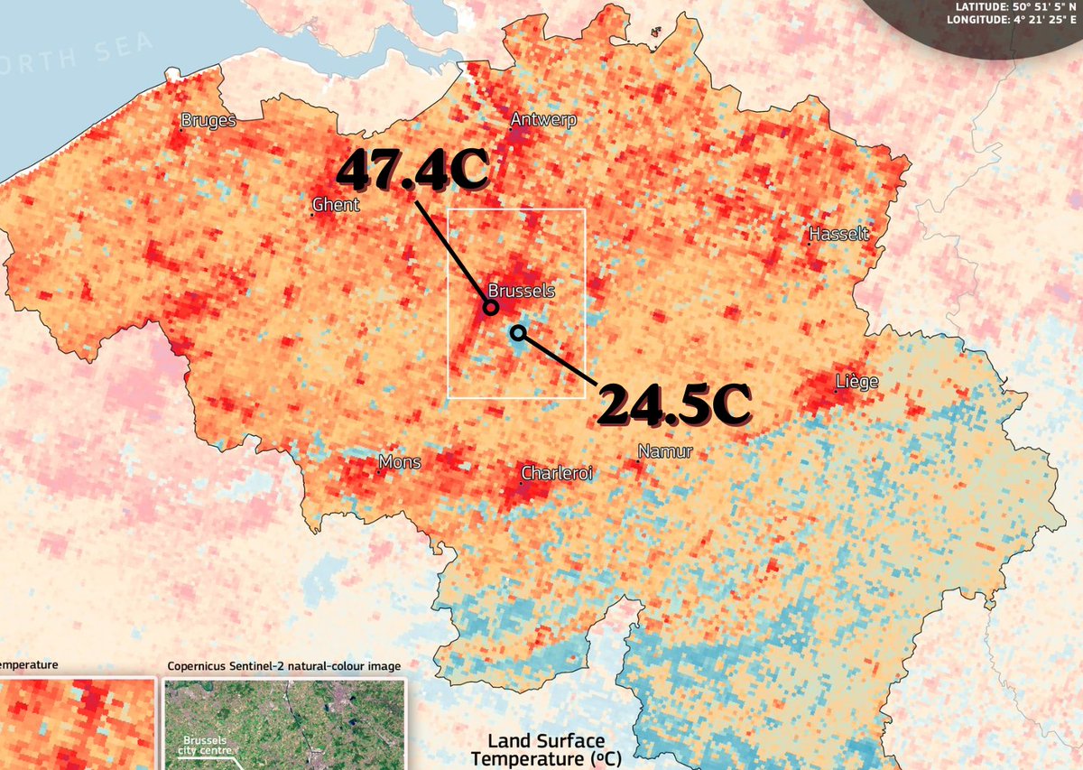 Electroversenet's tweet photo. Europe’s red heat maps show the Urban Heat Island effect, not cLiMaTe ChAnGe.

Copernicus satellites recorded a land-surface temperature gap of about 23C between urban areas and nearby forests. In Belgium, the city of Brussels reached 47.4C (117.3F) while the adjacent Sonian Forest sat near 24.5C (76.1F).

Full breakdown (and more) in today's Substack: https://t.co/6Wkf3MSp5B