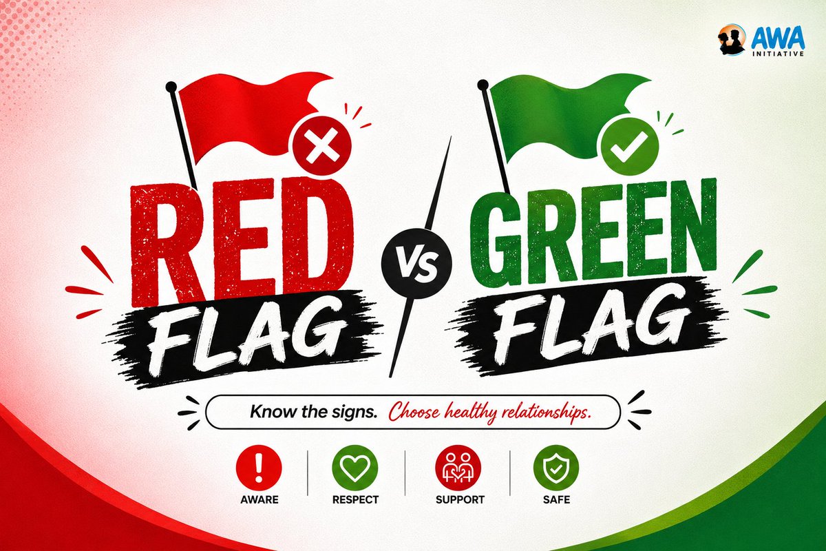 AWAInitiative's tweet photo. Many forms of gender-based violence begin with subtle signs we often ignore.

Starting next week, join our Red Flag | Green Flag series as we learn to recognize the warning signs and promote healthy, respectful relationships.

#EndGBV 
#KnowTheSigns
#AWAInitiatives https://t.co/Bx4INMAd2c