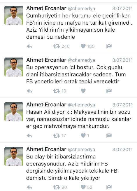 Ahmetercanlar's tweet photo. 3 Temmuz sabahını unutamıyorum. Sözde diğer tüm muhabirleri atlatıp Aziz Yıldırım'dan özel haber alacaktım. Sabah 5'te kalktım ve Aziz Yıldırım'ın gideceği Sapanca'ya gittim.  Orada yaşananları öğrendim ve Hürriyet'e geri döndüm. Çoktan tapeleri gazeteye göndermişlerdi. Her şey organizeydi. Toplantı masasına oturduk. Tek tek elden ele vererek tapeleri okuduk. Sonra ayağa kalktım ve bu tapelerde hiç bir şey yok. Şike yok dedim.  Bir kişi daha bana destek verdi. Ama çoktan hüküm verilmiş ve aylarca sürecek manşetler belirlenmişti. 

Aklımda tek bir şey vardı. Bir çocuk bekliyorduk. O çocuğa Fenerbahçe şikeci diyeceklerdi. Buna izin verilmemeliydi. 
Belki de ülke üzerinde bunun bir kumpas olduğunu ilk kez dile getiren oldum. (Sabah 11.37) Çünkü okumuştum tapeleri. İnanmamıştım. Belki kariyerim çok başka yöne girdi. Belki fanatik, holigan gazeteci oldum ama doğru olanı yaptım. Fenerbahçe Başkanı, Fenerbahçe yöneticileri en acısı da Fenerbahçe töhmet altındayken tarafsız kalamazdım. Gücün yanında olmak kariyer, mücadele ise huzur getirecekti. Mücadeleyi seçtim. 
Bugün çocuklarımın yüzüne bakabiliyorum. Başkaları gibi sahte değil, 
samimi ve içten bir şekilde Yaşa Fenerbahçe.