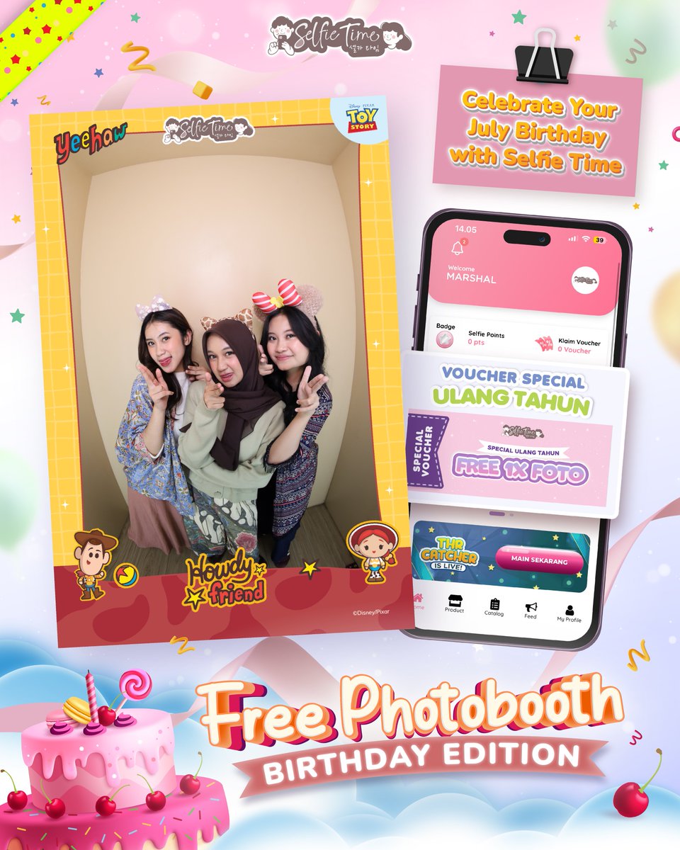 selfietimeid's tweet photo. Giliran kamu yang ultah di bulan Juli dapet hadiah foto gratis dari Selfie Time! 🎉

Nikmati FREE VOUCHER senilai Rp45.000 untuk produk kategori A (Photobooth A, High Angle A, Wide Angle A, dan Thematic) khusus member Selfie Time😍

Info selengkapnya cek di S&amp;K 🫶

#selfietimeid https://t.co/LbWBnZnGBp