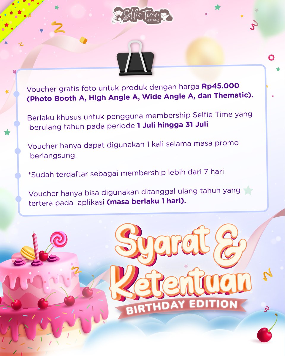 selfietimeid's tweet photo. Giliran kamu yang ultah di bulan Juli dapet hadiah foto gratis dari Selfie Time! 🎉

Nikmati FREE VOUCHER senilai Rp45.000 untuk produk kategori A (Photobooth A, High Angle A, Wide Angle A, dan Thematic) khusus member Selfie Time😍

Info selengkapnya cek di S&amp;K 🫶

#selfietimeid https://t.co/LbWBnZnGBp