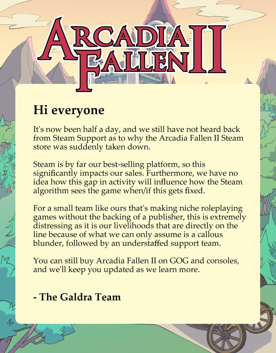 ArcadiaFallen's tweet photo. A small update on the Steam situation: https://t.co/QMoJTdAQ3X