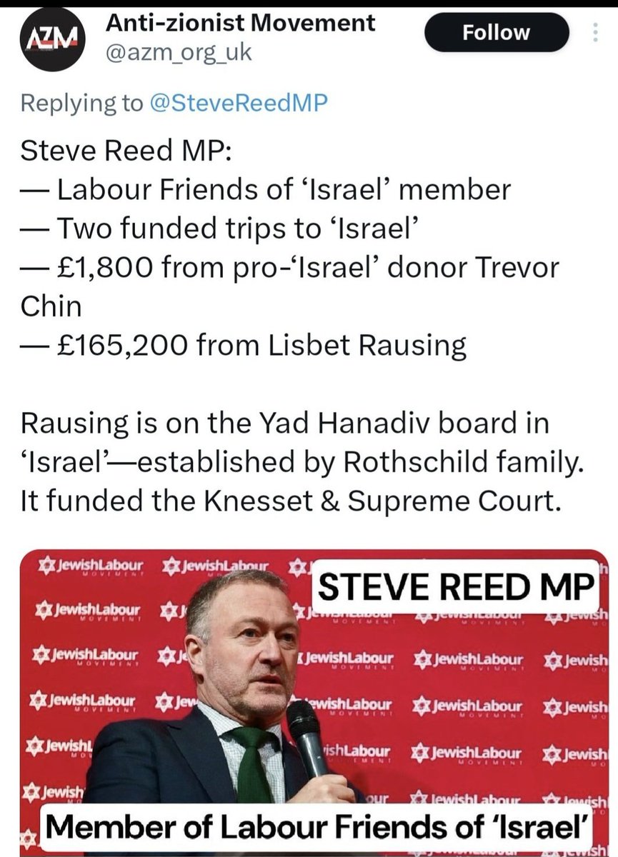 RJT19651's tweet photo. @SteveReedMP Are you in Tel Aviv ?
This down with the footie drinking pints bullshit vibe doesn't hide who you are champ.
Never forget who pulls Stevies strings folks.
#LabourFriendsOfGenocide https://t.co/H5fbRQpMZZ