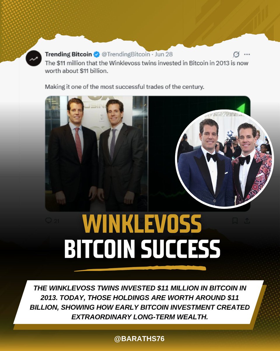 BarathS76's tweet photo. Most people focus on how much to invest.

The bigger question is how long can you hold?

The Winklevoss twins invested $11 million in Bitcoin in 2013. Today, that investment is worth around $11 billion.

The biggest wealth isn't always created by perfect timing - it's often created by patience, conviction, and staying invested through uncertainty.