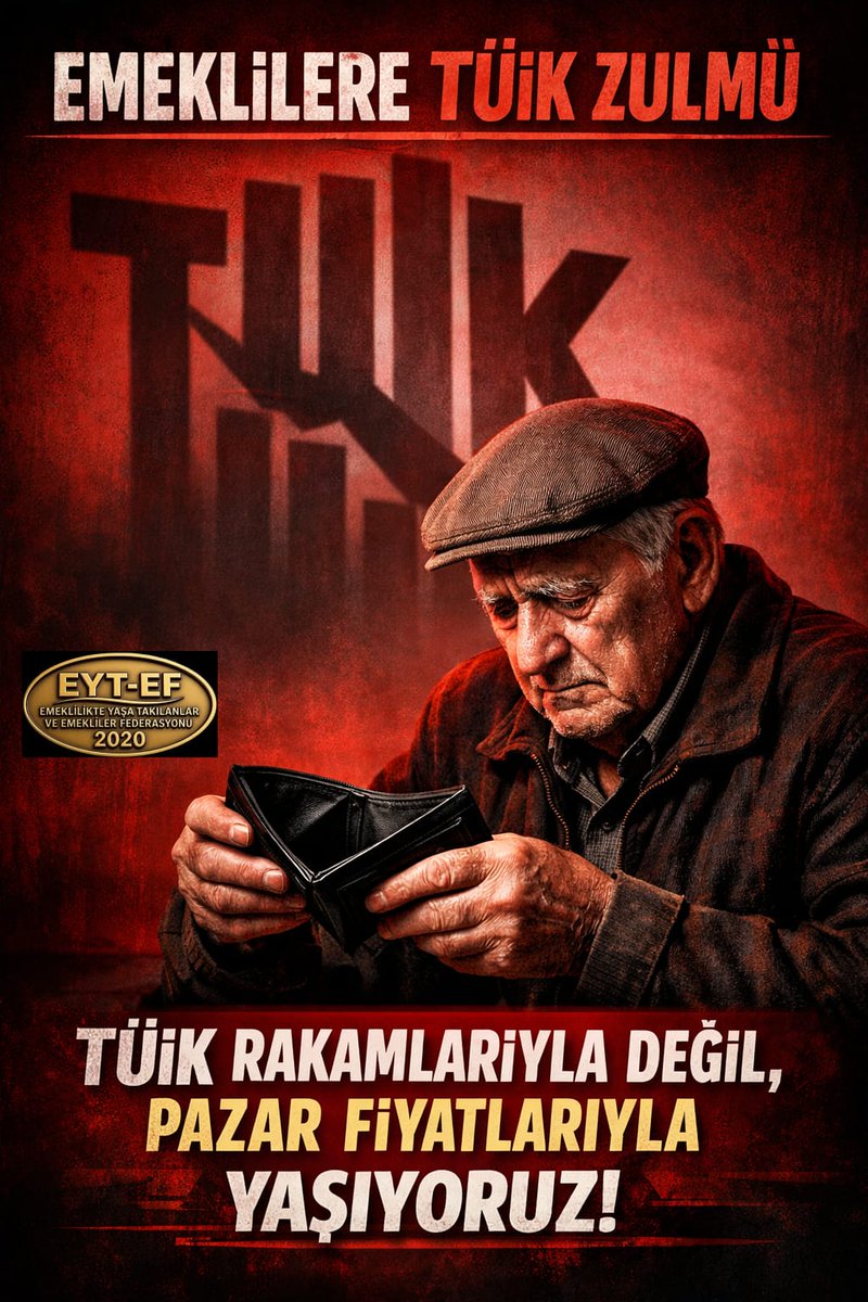 ArzuLastikci's tweet photo. EMEKLİ 
👇
#EmeklilereTüikZulmü

Milyonlarca #Emekli
Şaibeli #enflasyon verilerinin bedelini yoksullukla ödüyor.

Bu bir istatistik meselesi değil;
Milyonların yaşam hakkı meselesidir.

Emeklilere #Tüik Zulmünü bitirin !

#5000KısmiZulmüneSon
@RTErdogan
@isikhanvedat
@tuikbilgi https://t.co/Ln9WPYpdJx