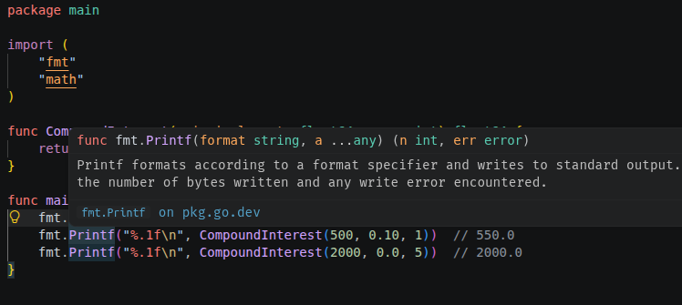 carrotdev_'s tweet photo. TIL: Go won't auto-convert int → float64. math.Pow takes float64, so with years int you must write math.Pow(x, float64(years)). Coming from Python's free mixing, Go makes every numeric conversion explicit — annoying at first, but it kills a whole class of silent bugs.
#golang https://t.co/BEw3QLWKfl