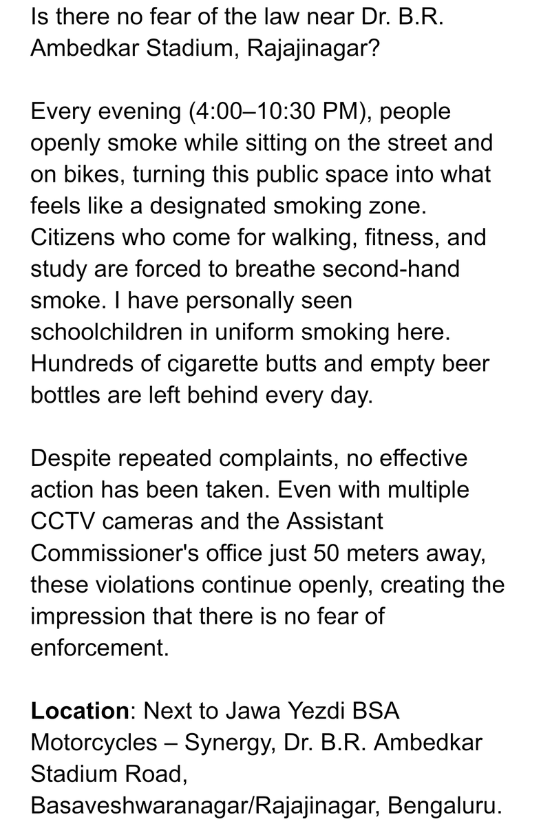 RAM744's tweet photo. @ICCCBengaluru Public smoking in crowded areas is becoming a serious nuisance and health concern in Rajajinagar Ambedkar stadium. Kindly take action against smoking in public places and ensure the rules are enforced for everyone's safety. https://t.co/7U8rNItHbj