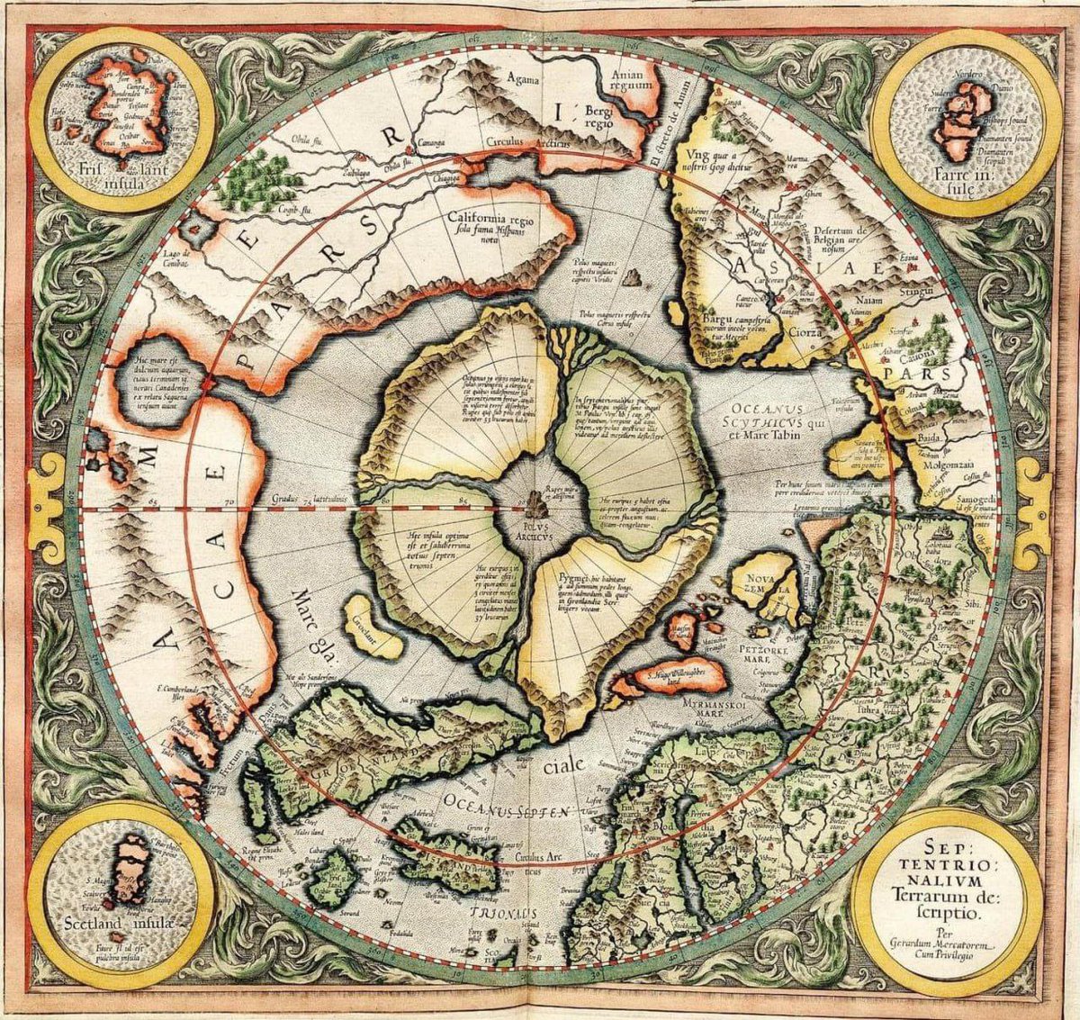 SwiadomyWodnik's tweet photo. Mapa Mercatora z 1595 r.
Dokładna mapa Bieguna Północnego. Na obecnych mapach wymazano 4 wyspy i znajdujące się pośrodku Drzewo Życia oraz Górę Sumer/Rupes nigra. Wszystkie kultury czciły swastykę, ten region z czterema wyspami i rzekami odbijał się na niebie nad swastyką i Gwiazdą Polarną z dużym Wozem. To jest Eden, gdzie wszystko się zaczęło, całe stworzenie na ziemi.
Rupes Nigra (Black Rock- kto wie ten wie 😉) („Czarna Skała”) na magnetycznym biegunie północnym lub sam Biegun Północny. Mercator opisał tę odległość jako 33 „francuskie” mile i rzekomo wyjaśnił, dlaczego wszystkie kompasy wskazują właśnie to miejsce. Fakt ten pochodzi z zaginionych dzieł Inventio Fortunata, a wyspa pojawiała się również na mapach z XVI i XVII wieku, https://t.co/EOJFPlIXbg. na mapach Gerarda Merkatora i jego następców. Mercator opisał wyspę w liście do Johna Dee w 1577 roku:
Pośrodku czterech krajów znajduje się wir obejmujący cztery urzekające morza, które dzielą północ. A woda krąży i spada na ziemię, jakby była wlewana przez filtrujący lejek. Ma cztery stopnie szerokości po każdej stronie bieguna, co daje łącznie osiem stopni. Z tą różnicą, że tuż pod biegunem leży naga skała na środku morza. Jego obwód wynosi prawie 33 mile francuskie i został w całości wykonany wiele lat temu z kamienia magnetycznego.