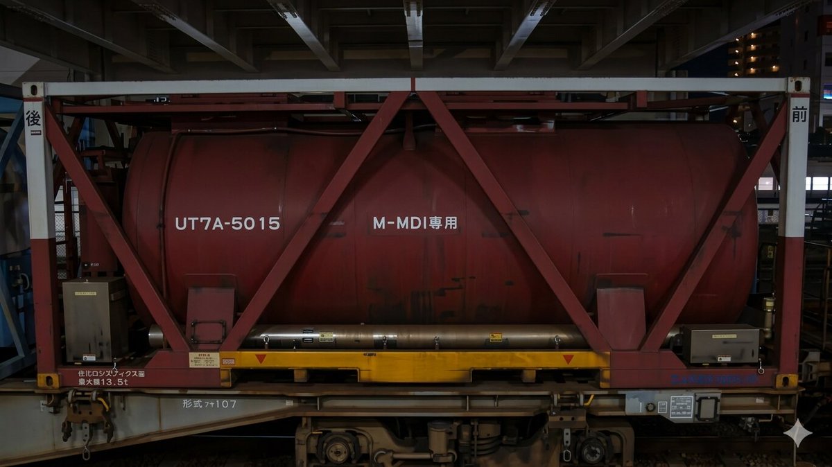 m_rails26330124's tweet photo. #金曜日のコンテナ
#UT7A 形20フィート私有タンクコンテナ(5008・5015)
#住友化学 の物流担当会社である #住化ロジスティクス 所有のM-MDI専用タンクコンテナ
1・2枚目はオリジナル画像で3・4枚目はGeminiで処理した画像となるが細かい文字が文字化けした
2024(R6)/5/11 撮影 https://t.co/O5DDhAlcNZ