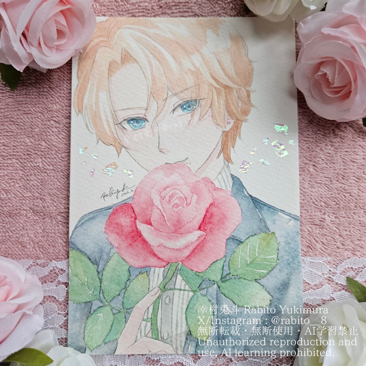 rabito__8's tweet photo. 【目をそらさないで】

薔薇(赤)
花言葉：あなたを愛しています

ランプライト水彩紙・透明水彩・
イリデッセント メディウム・ホログラム
148×100mm
2026.6

#赤いバラ #創作イラスト #アナログイラスト #透明水彩 #watercolor #oc https://t.co/C9mJjN13tX