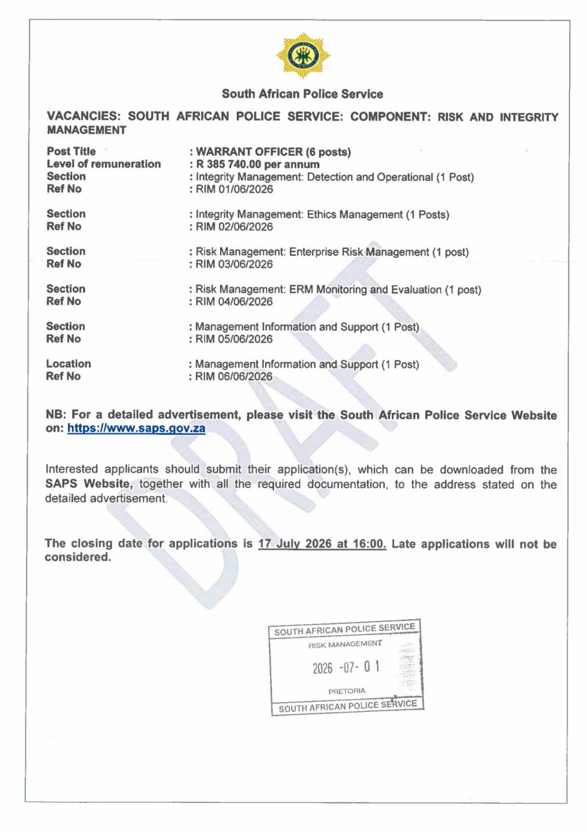 CrimeWatch_RSA's tweet photo. ‼️ [VACANCIES] ‼️#RT The SAPS is advertising external posts for positions such as Social Workers, Administrative Clerks, Cleaners, Artisans and other support staff.

If you are interested, follow this link to the #SAPS website career page to view the advertisement and to download the required application form: https://t.co/xpeQFqavzA

Kindly retweet to share with anyone you know who is currently unemployed and may benefit from these opportunities.