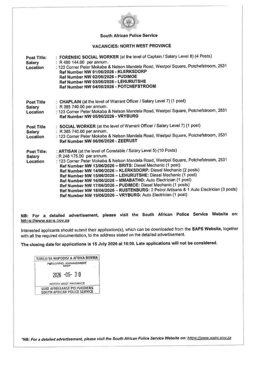 CrimeWatch_RSA's tweet photo. ‼️ [VACANCIES] ‼️#RT The SAPS is advertising external posts for positions such as Social Workers, Administrative Clerks, Cleaners, Artisans and other support staff.

If you are interested, follow this link to the #SAPS website career page to view the advertisement and to download the required application form: https://t.co/xpeQFqavzA

Kindly retweet to share with anyone you know who is currently unemployed and may benefit from these opportunities.