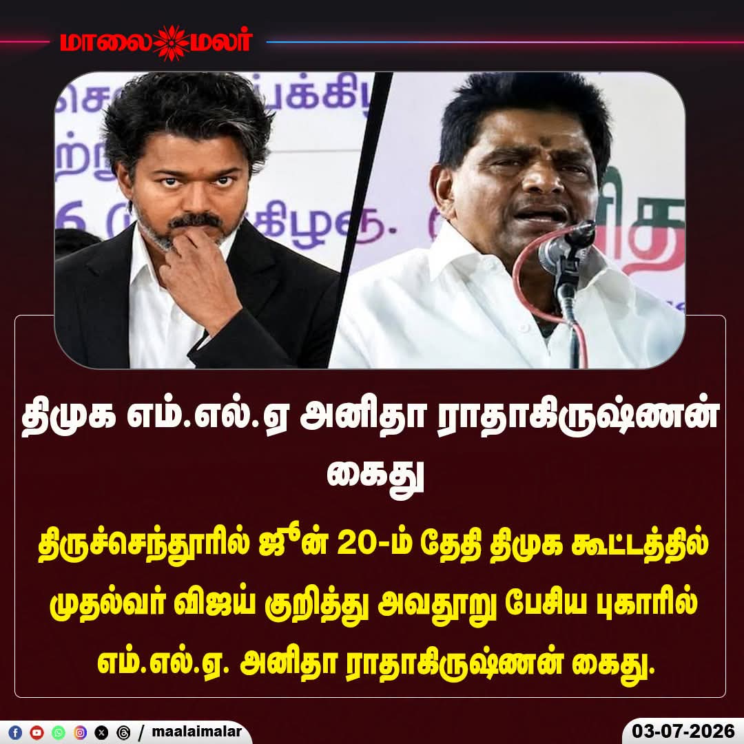 mohan3011k's tweet photo. திமுக எம்.எல்.ஏ அனிதா ராதாகிருஷ்ணன் கைது

#AnithaRadhakrishnan #DMK #DMKMLA #Arrest #Tiruchendur #CMVijay #TamilNaduPolitics #PoliticalControversy #DefamationCase #PoliticalNews #BreakingNews #TamilNaduNews #DMKNews #LatestNews #Maalaimalar https://t.co/r9YfDRv1cQ