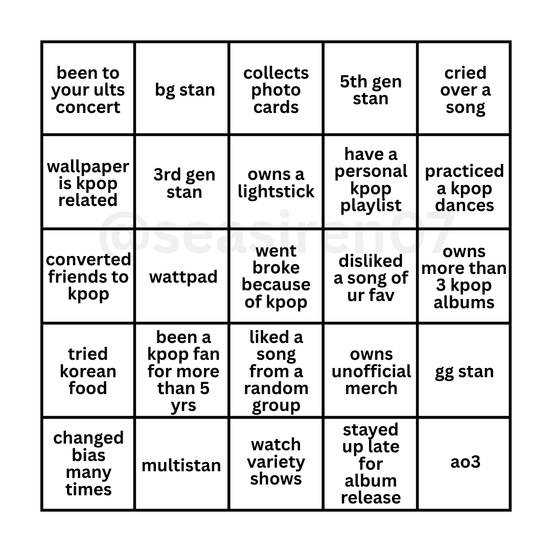 seasiren07's tweet photo. kpop fan bingo. GO! https://t.co/a8WT3kRKOv