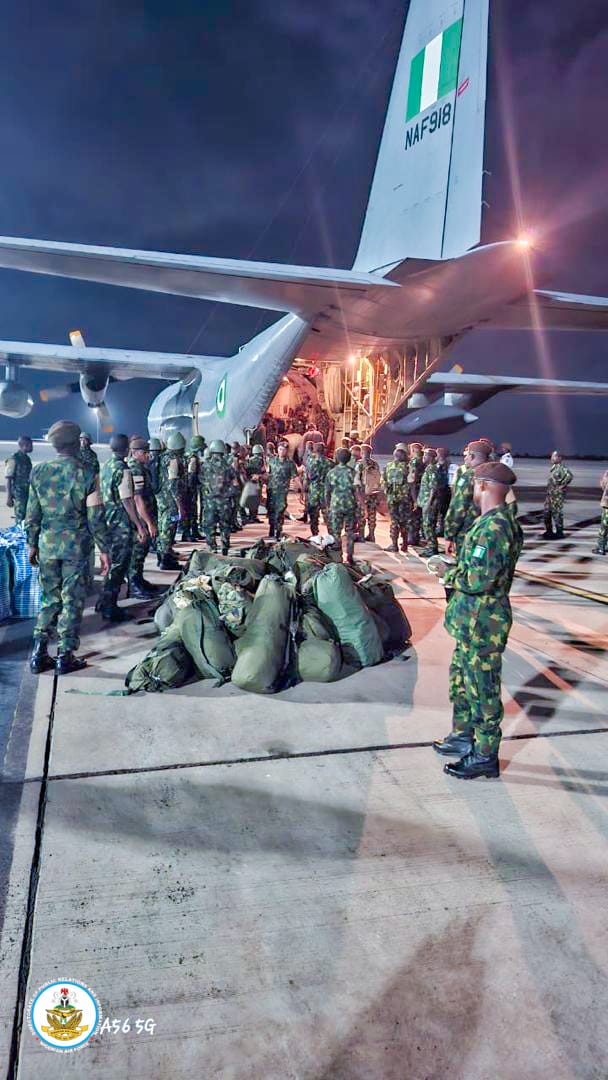 NigAirForce's tweet photo. NAF STRATEGIC AIRLIFT PROJECTS AIR POWER IN THE GAMBIA, REINFORCES REGIONAL STABILITY

The Nigerian Air Force (NAF) has once again demonstrated its strategic air mobility capability with the successful airlift of 198 personnel of Nigerian Company 11 (NIGCOY 11 ECOMIG). https://t.co/tRDc6ea8Ze