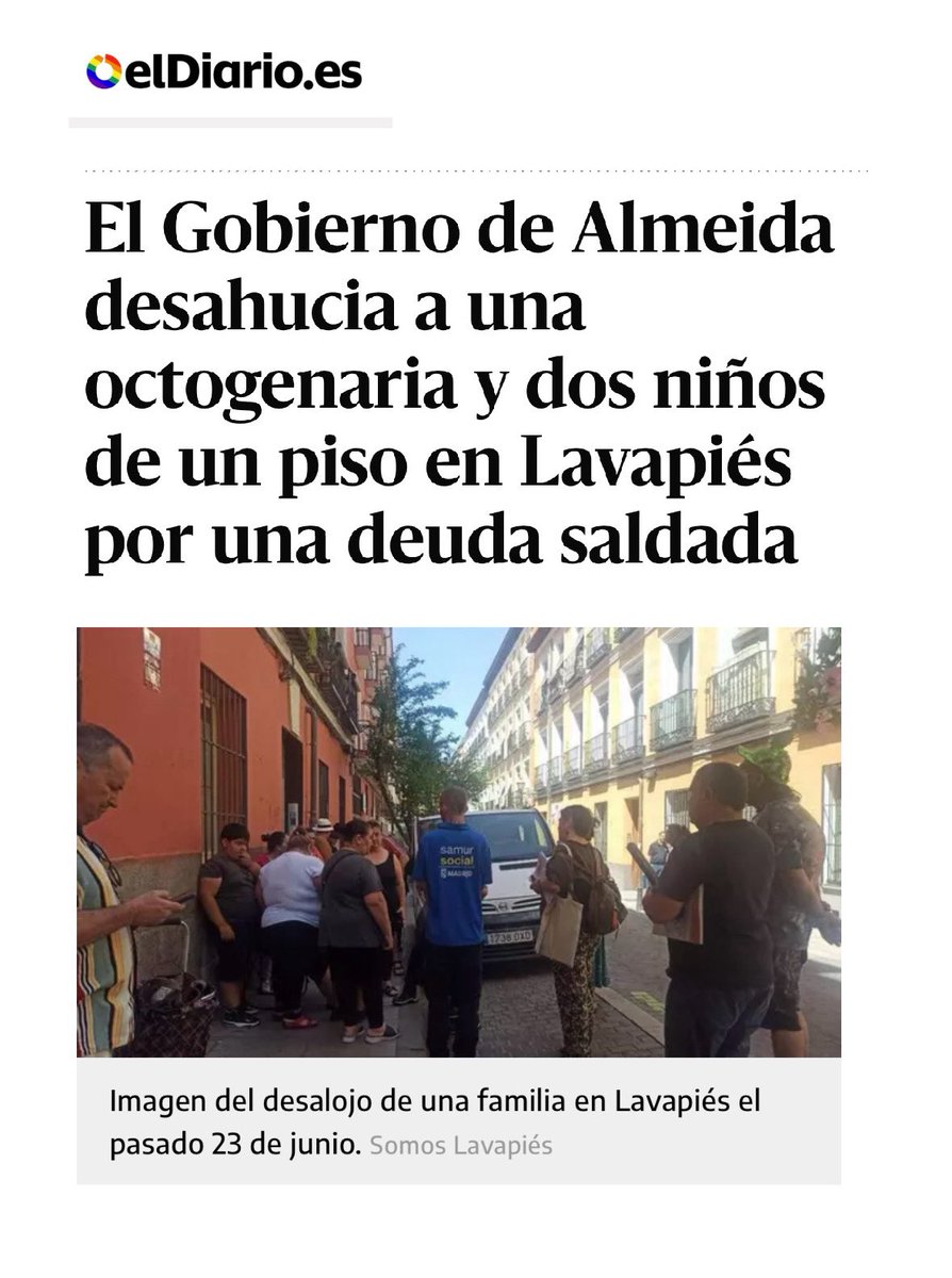 PSOEMadridAyto's tweet photo. Este es el Madrid de Almeida: desahucian de un piso de la Empresa Municipal de Vivienda a una familia con una octogenaria que depende de un respirador y dos menores de 7 y 11 años, por una deuda que ya está saldada. 

😡Un Madrid donde se protege más a los especuladores inmobiliarios que a las familias vulnerables.