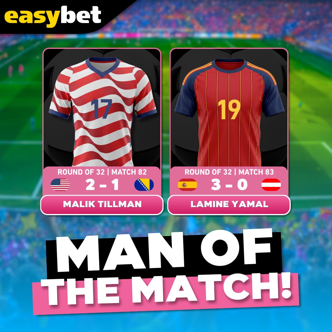 Easybet_SA's tweet photo. Business Done 🏆

The Round of 32 saw two dominant displays as the USA and Spain secured clean-sheet victories to book their places in the Round of 16.

The knockout stage is heating up. 🔥⚽

Last three Round of 32 matches! Who do you think will complete the Round of 16? Comment your picks below! 👇

#Roundof32 #FIFAWorldCup #WorldCup2026 #Soccer #Easybet