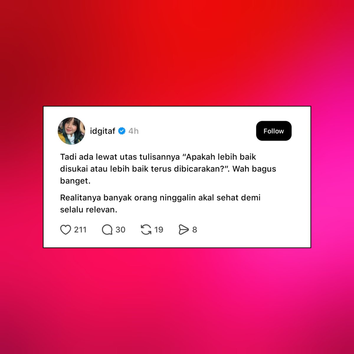 iPopBase's tweet photo. Idgitaf on chasing relevance:

“Realitanya banyak orang ninggalin akal sehat demi selalu relevan.” https://t.co/kBrEaJtqGw