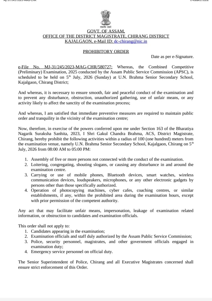 ChirangDc's tweet photo. To ensure the smooth and fair conduct of the APSC Combined Competitive (Preliminary) Examination 2025 on 5 July 2026, the District Magistrate, Chirang, has promulgated prohibitory orders under Section 163 of the BNSS around all examination centres.

Details can be found below: https://t.co/GJVNNPdV7y