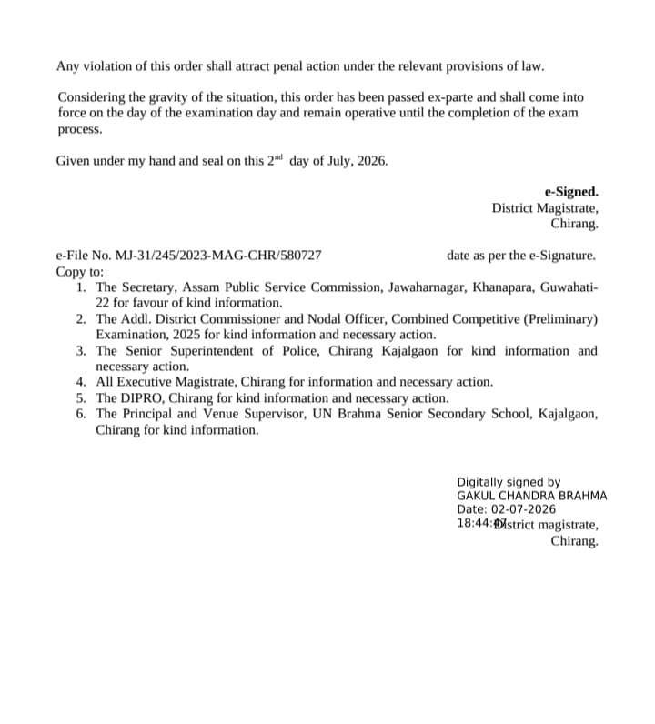 ChirangDc's tweet photo. To ensure the smooth and fair conduct of the APSC Combined Competitive (Preliminary) Examination 2025 on 5 July 2026, the District Magistrate, Chirang, has promulgated prohibitory orders under Section 163 of the BNSS around all examination centres.

Details can be found below: https://t.co/GJVNNPdV7y