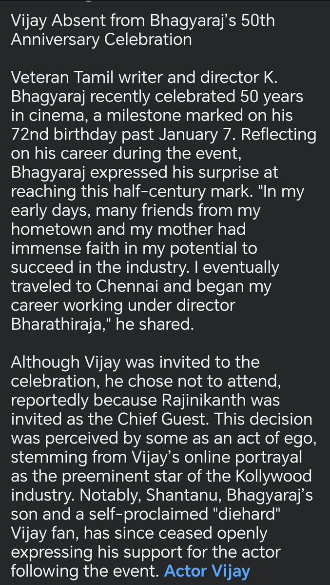 k3_butcher's tweet photo. Vijay never attended K Bhagyaraj 50 year in cinema celebration due to his ego..

#SuperstarRajinikanth respect for cine industry Co Actors >>>Others.

#SuperstarRajinikanth voiced out for Vijay's movie few times on X and he even wishes for him but did Vijay voiced out for RK? https://t.co/jDcvfbDxuv
