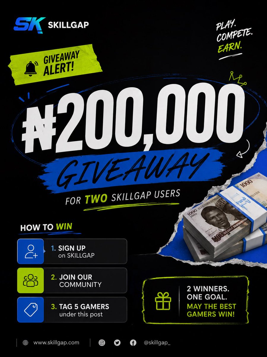 SkillgapCo's tweet photo. GIVEAWAY ALERT 🚨..200k GIVEAWAY FOR 2 SKILLGAP USERS
How to win👇🏾
1.signup on skillgap
2. Join our whatsapp gaming community
3. Tag 5 gamers under this post

Winners will be chosen randomly, goodluck! https://t.co/4MSxyWiUb4