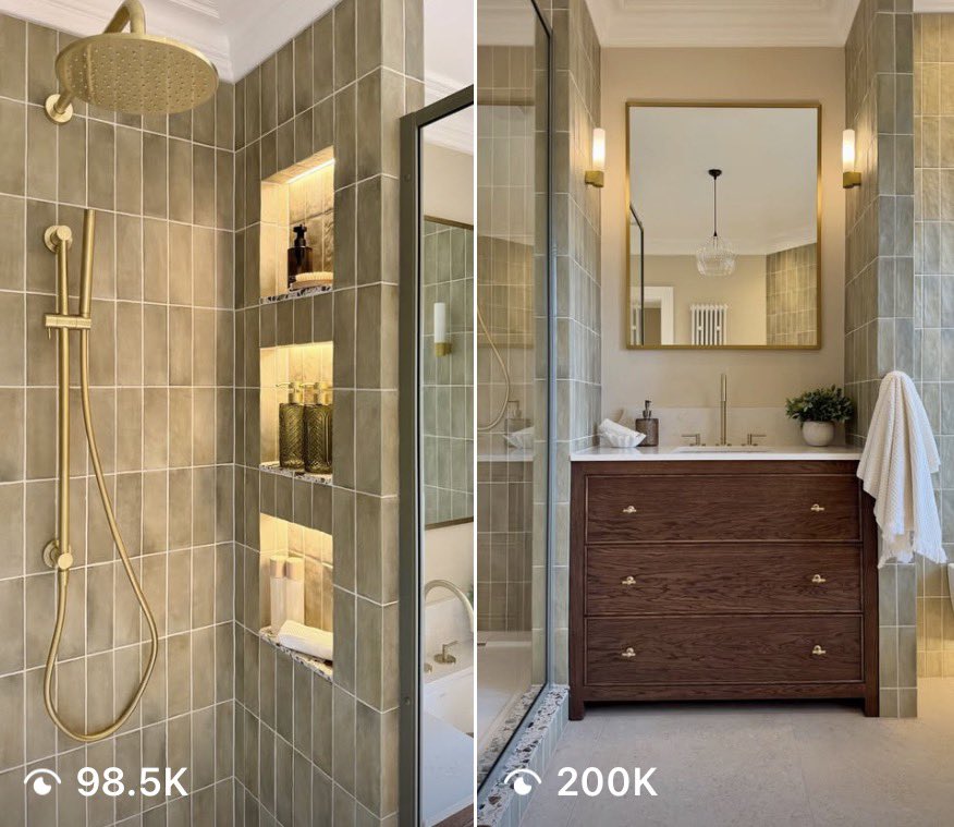 TheTapEndDesign's tweet photo. Zoe’s BEAUTIFUL earthy green project has had almost 100k views on one of our posts and exceeded 200k views on the other! 

Well done Zoe on the online success of this project, but more importantly well done on creating something so special for your client… simply stunning 🛀🏽 https://t.co/LN9rcuHjMN