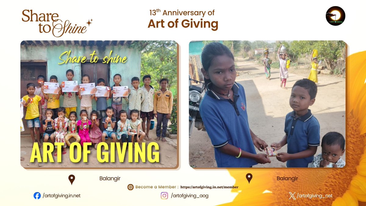 artofgiving_net's tweet photo. Celebrating the 13th International Day of Art of Giving, Mr. Indramani Khamari, Ms. Nirma Bhue, Ms. Puneswari Pujhari, Ms. Alisha Dharua, Ms. Arohi Bhoi, Ms. Subhashree Bhoi, Ms. Gupteswari Majhi, Ms. Bebina Singh, Ms. Muskan Bhoi, Ms. Hansika Majhi, Ms. Payal Bag, Ms. Laxmipriya Murmu, Ms. Dileswari Jagat, Ms. Anjali Dharua, Ms. Mausumi Naik, Ms. Dolly Bariha, Ms. Manasi Majhi, Ms. Reena Patra, Ms. Jashmi Hansdah, Ms. Bhumisuta Majhi participated in “Share to Shine” at Balangir, Mayurbhanj, Kandhamal, and Kalahandi, helping spread the message that even the smallest acts of care can leave a lasting impact. The initiative reflected the beauty of giving selflessly and creating smiles through togetherness.