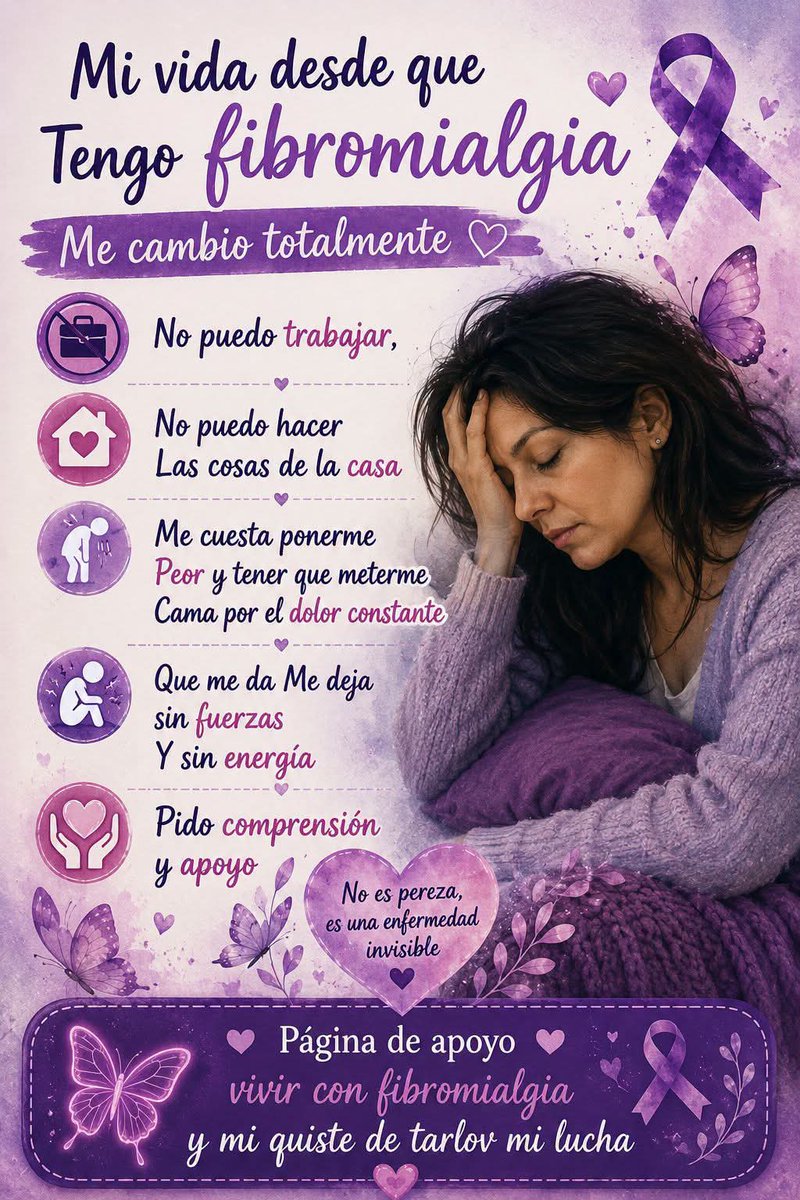 ElisabethMarM's tweet photo. El cansancio de la fibromialgia no es "estar un poco cansada". Es despertar agotada, sentir que el cuerpo pesa el doble y luchar por hacer cosas que antes parecían sencillas. Es una fatiga que no siempre se ve, pero que cambia la vida. 💜
#Fibromialgia #FatigaCrónica #Cansancio https://t.co/zIsNkZCMRx