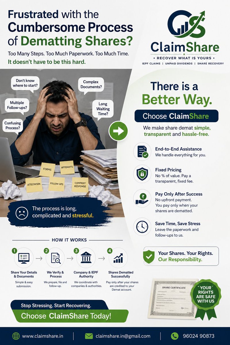ClaimShares's tweet photo. Introducing @ClaimShares  🎉
Found old physical share certificates? Don't stress about confusing processes or high fees. We handle everything end-to-end!
✅ Fixed pricing✅ Pay only after success✅ IEPF claims covered
📞 96024 90873🌐 https://t.co/Etlag4jJ7f
#IEPF #ShareRecovery https://t.co/MoYhJrGqBK