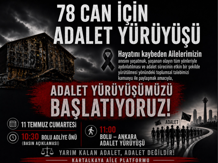 umutsendikasi_'s tweet photo. Kartalkaya aileleri Ankara’ya yürüyor!

21 Ocak 2025’te Bolu Kartalkaya’da, kâr hırsı, denetimsizlik ve sistematik ihmallerin yarattığı yangında 34’ü çocuk 78 kişi  katledildi.

Kartalkaya’da yaşamını yitirenlerin aileleri, 11 Temmuz Cumartesi günü Bolu’dan Ankara’ya Adalet Yürüyüşü başlatıyor.

Aileler, kaybettikleri canların sesi olmak ve adalet taleplerini büyütmek için tüm kamuoyunu bu yürüyüşe destek vermeye çağırıyor.

@KAilePlatform