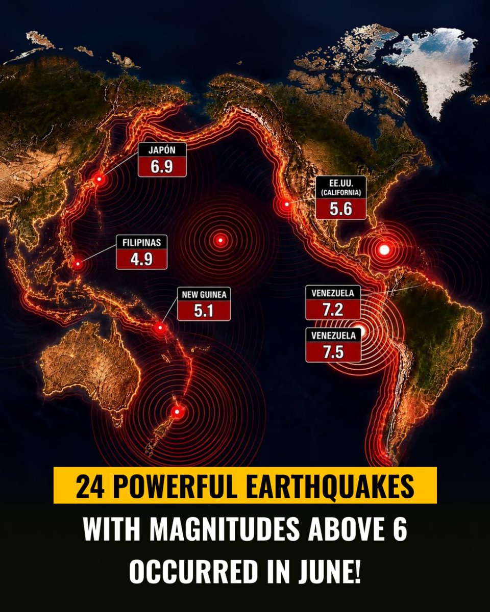Allatra_UK's tweet photo. 24 earthquakes of magnitude 6.0 or higher occurred during the month, including several major earthquakes exceeding M7.0, as well as a rare earthquake doublet in Venezuela. Two powerful earthquakes measuring M7.2 and M7.5 struck just 39 seconds apart.
📍 June 1, 2026
M6.2 - San Lucido, Italy
📍 June 7, 2026
M7.8 - Cablalan, Philippines (the month's main earthquake, tsunami warning issued)
M6.1 - Severo-Kurilsk, Russia
M6.0 - Pangian, Philippines
M6.1 - Balangonan, Philippines
M6.5 - Balangonan, Philippines
📍 June 8, 2026
M6.1 - Mantua, Cuba
📍 June 10, 2026
M6.0 - Auckland Islands, New Zealand
📍 June 15, 2026
M6.2 - Pondaguitan, Philippines
📍 June 16, 2026
M6.3 - Dunhuang, China
M6.7 - Palu, Indonesia
📍 June 17, 2026
M6.6 - Mid-Atlantic Ridge
📍 June 19, 2026
M6.6 - Petropavlovsk-Kamchatsky, Russia
M6.0 - Petropavlovsk-Kamchatsky, Russia
📍 June 24, 2026
M6.9 - Kuji, Japan
M7.2 - San Felipe, Venezuela (foreshock)
M7.5 - Yumare, Venezuela (main destructive earthquake)
📍 June 25, 2026
M6.5 - Mindanao, Phili