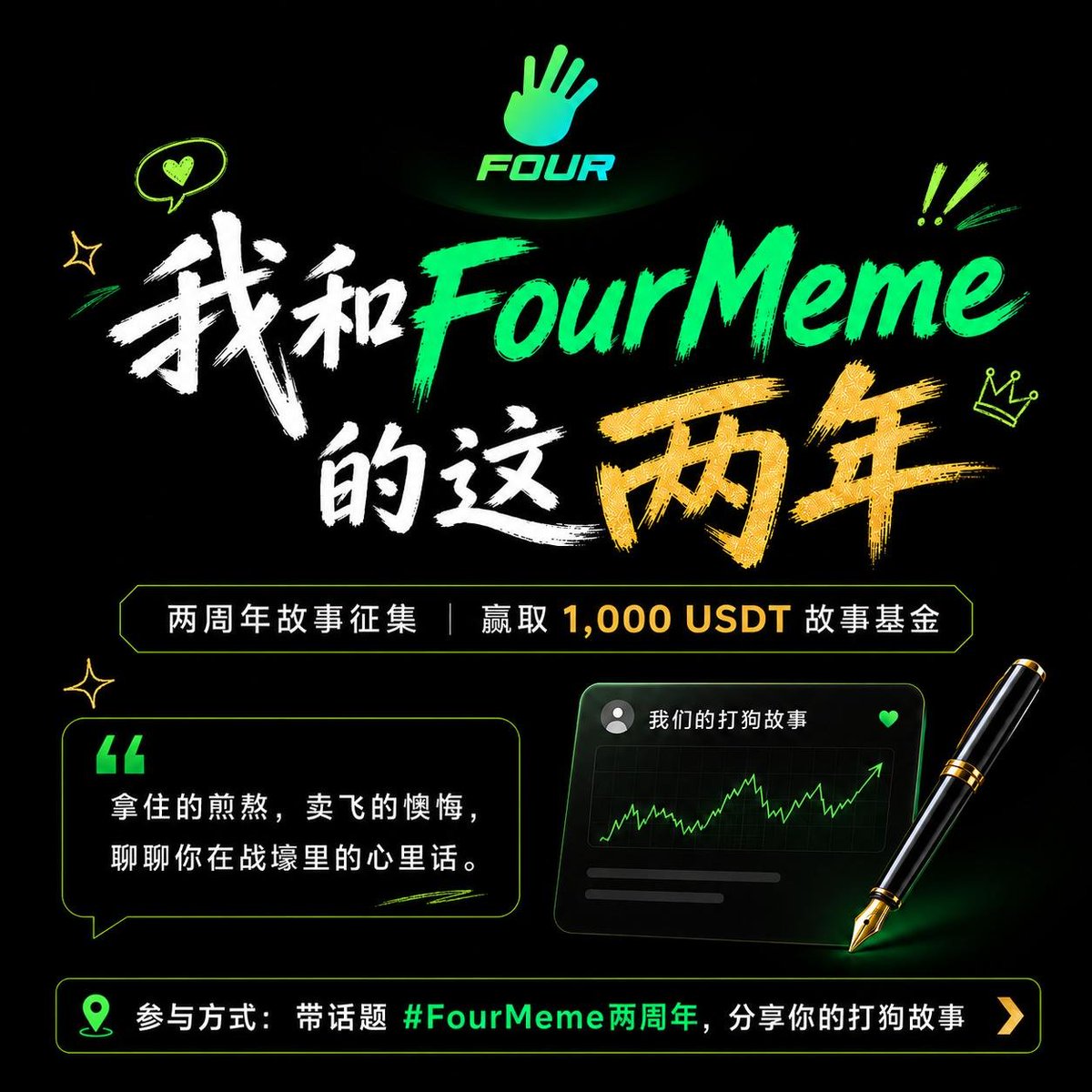 vvxiaoyu8888's tweet photo. 发起一个活动 关于 #FourMeme两周年

征集大家与https://t.co/BSsv9F2M0l 发生过有意思的故事～

内容不限�� 短文/文章

参与规则： @fourdotmemezh  @four_meme_Fora @vvxiaoyu8888 并加上 #FourMeme两周年 即可参与活动～

💥热度最高的将获得：
第一名 400usdt
第二名 300usdt
第三名 200usdt
随机抽取5名 20usdt

快来分享你与Four的奇妙故事吧～